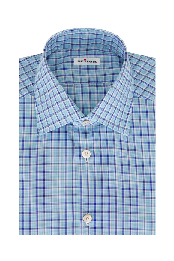 Kiton Blue Check Cotton Dress Shirt