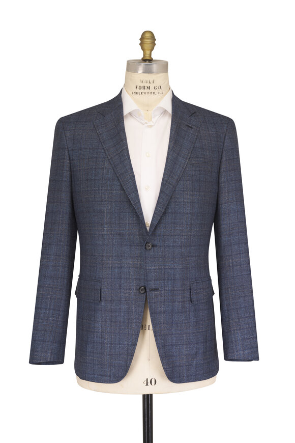 Canali Blue Brushed Plaid Wool, Silk & Cashmere Sportcoat - view 2