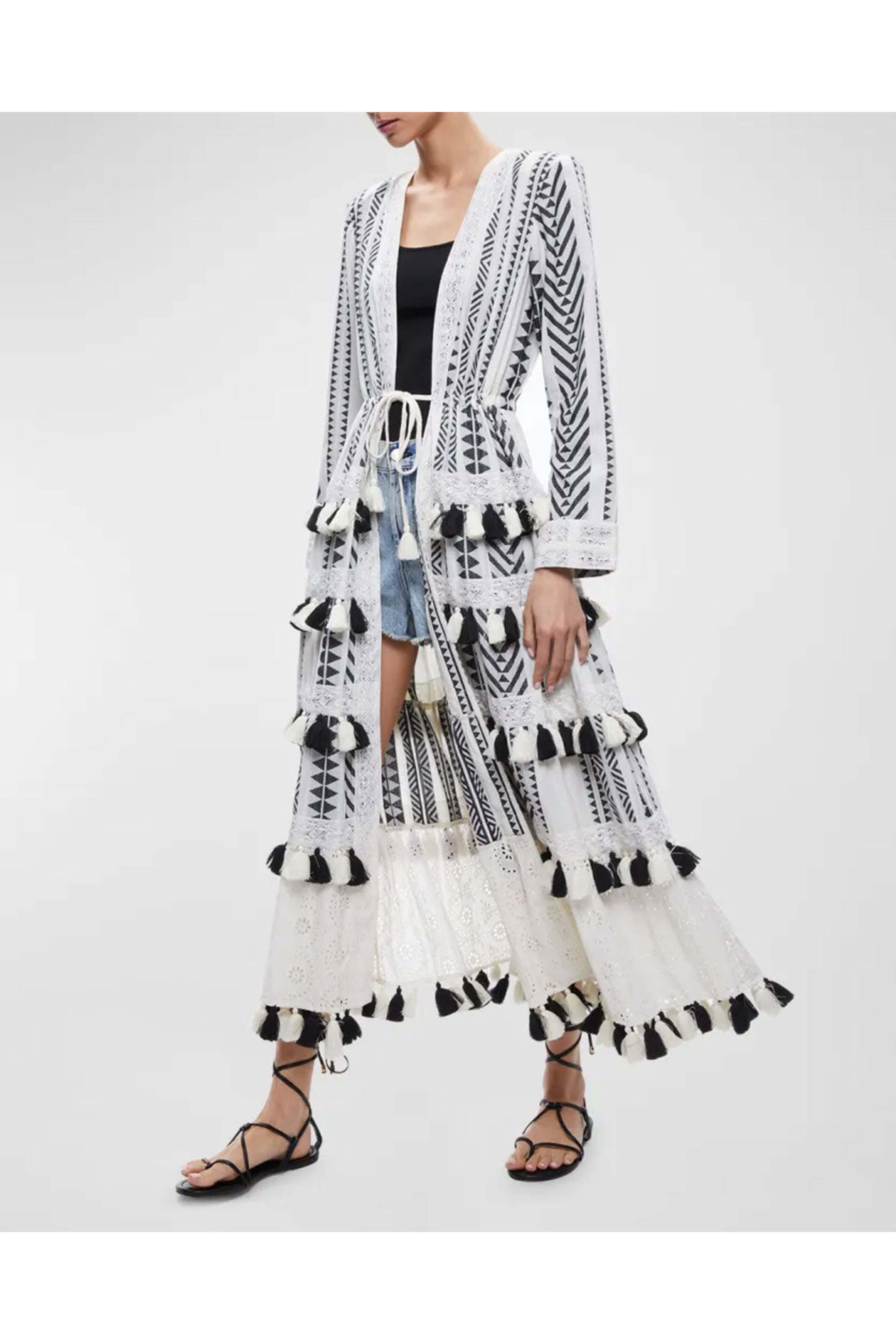 Alice & Olivia - Ecru And Black Talia Tiered Tassel Kimono
