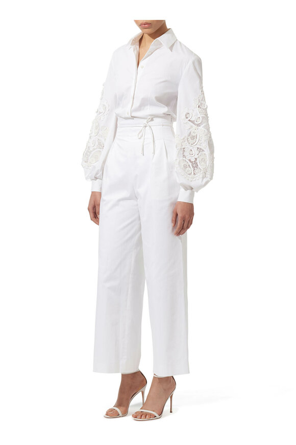 Carolina Herrera - White Cotton Embellished Lace Puff Sleeve Blouse 