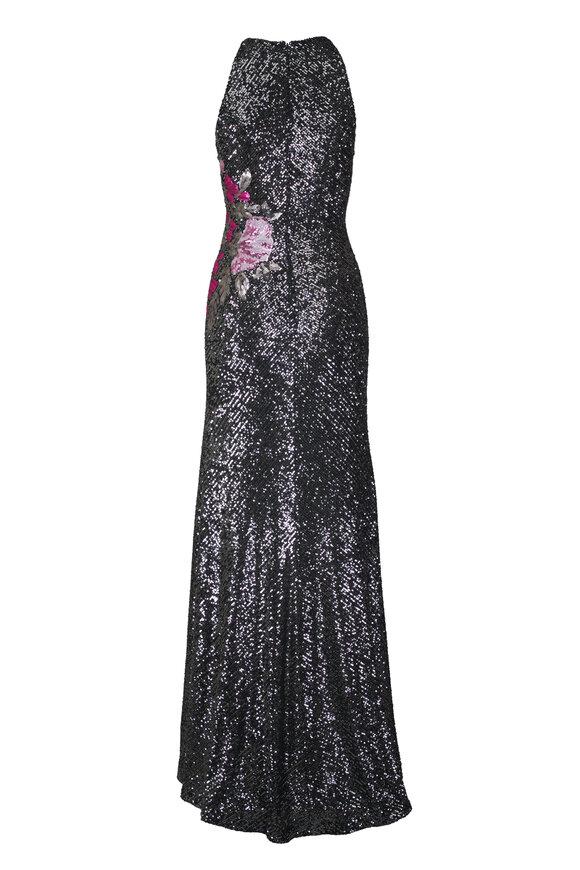 Naeem Khan Floral Applique Stretch Sequin Halter Gown - view 4