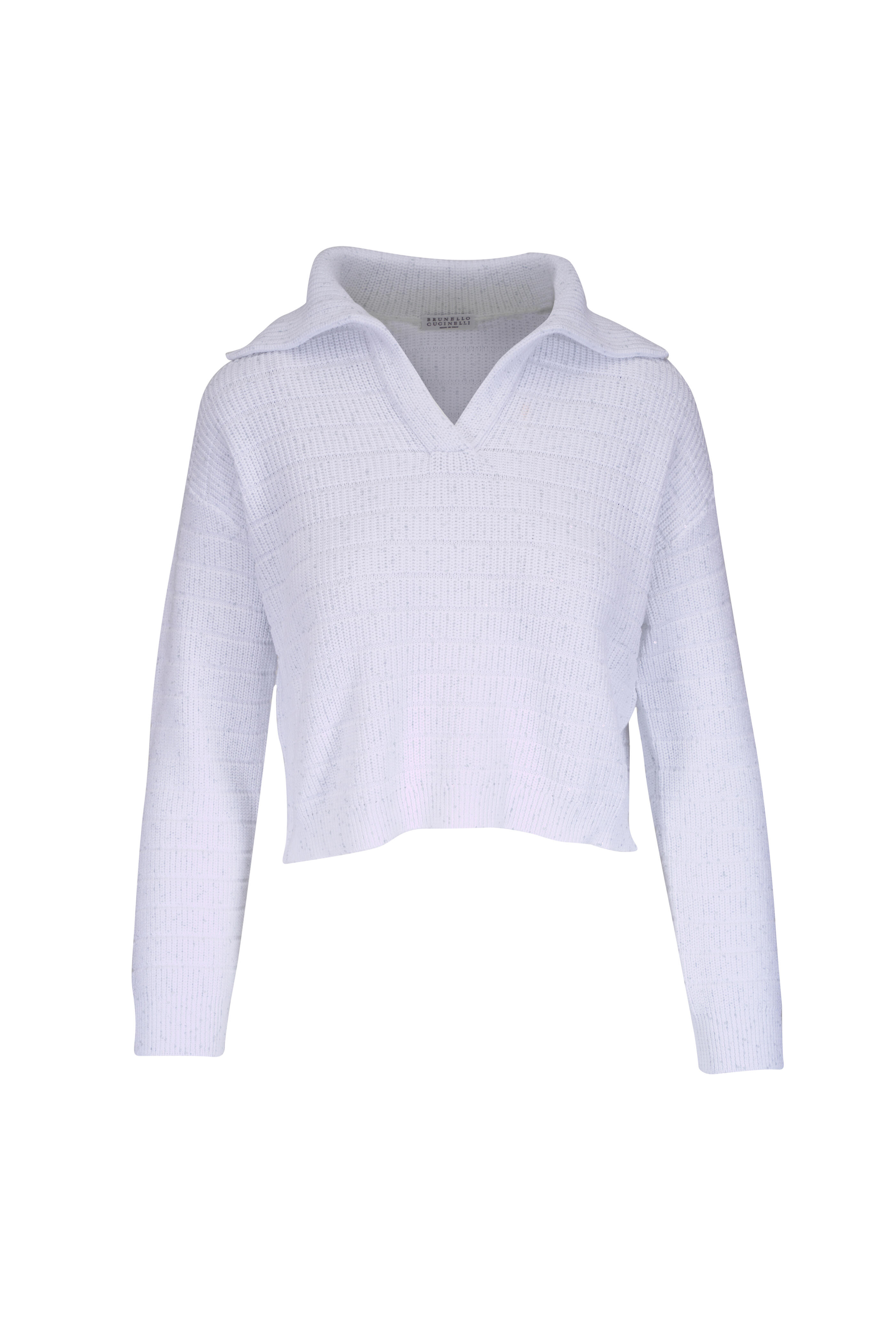 Brunello Cucinelli - White English Rib Sequin Polo Sweater
