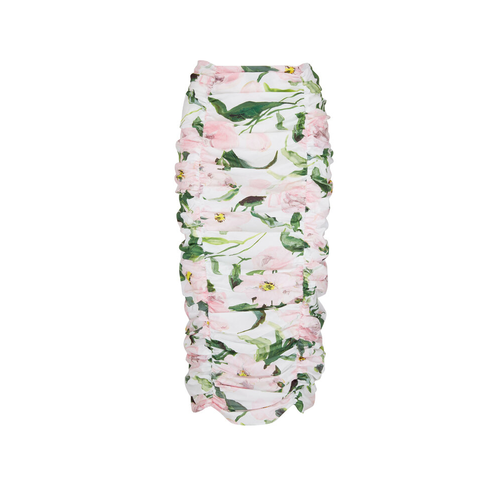 Carolina Herrera - Floral White Multi Ruched Midi Pencil Skirt