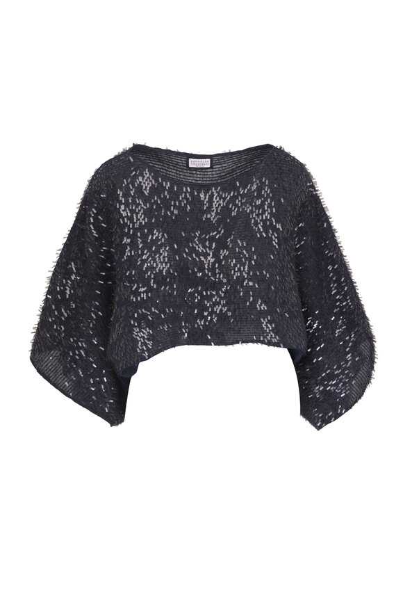 Brunello Cucinelli Crispy Silk Chiffon Mini Paillette Cropped Blouse - view 1