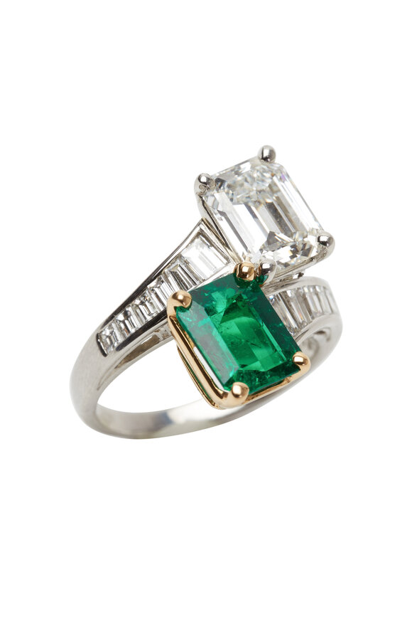 Oscar Heyman - Gold & Platinum Emerald & Diamond Bypass Ring