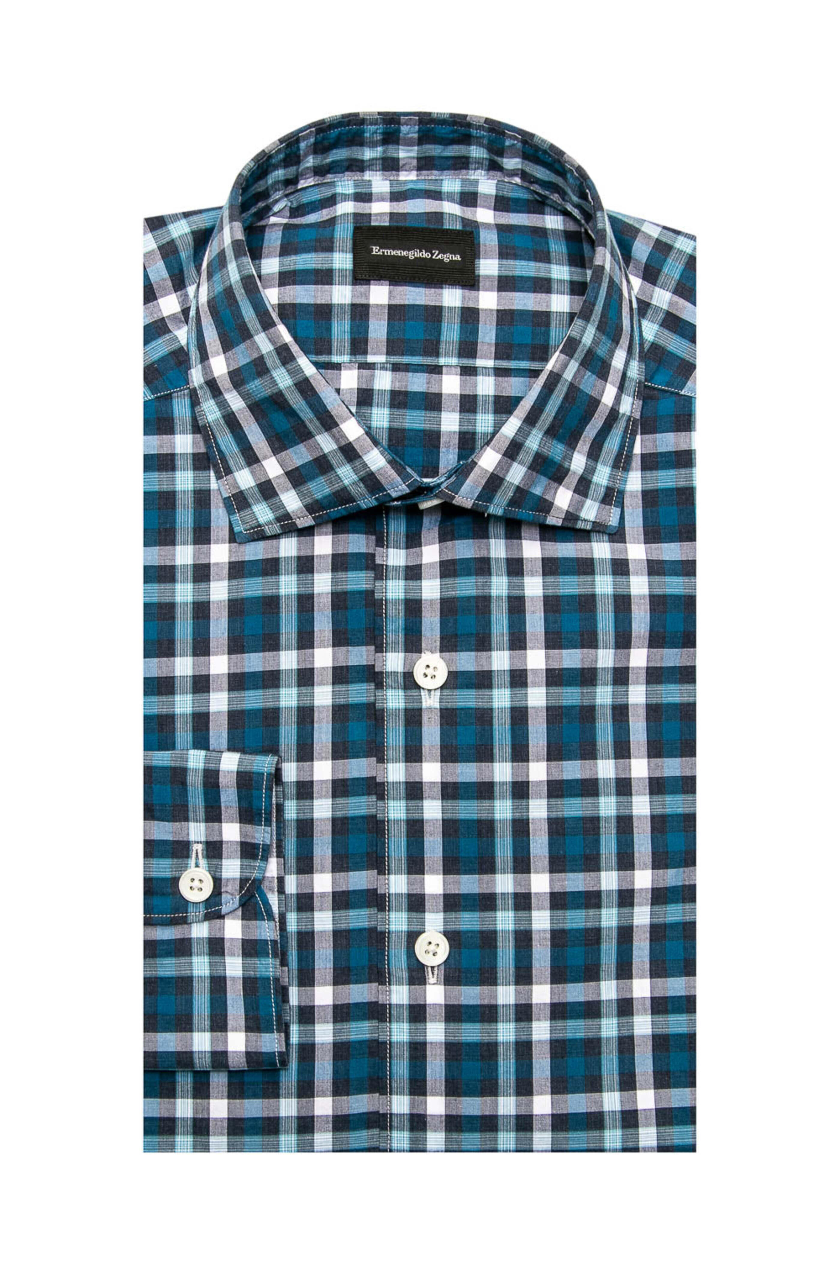 Zegna - Aqua Navy and White Plaid Shirt