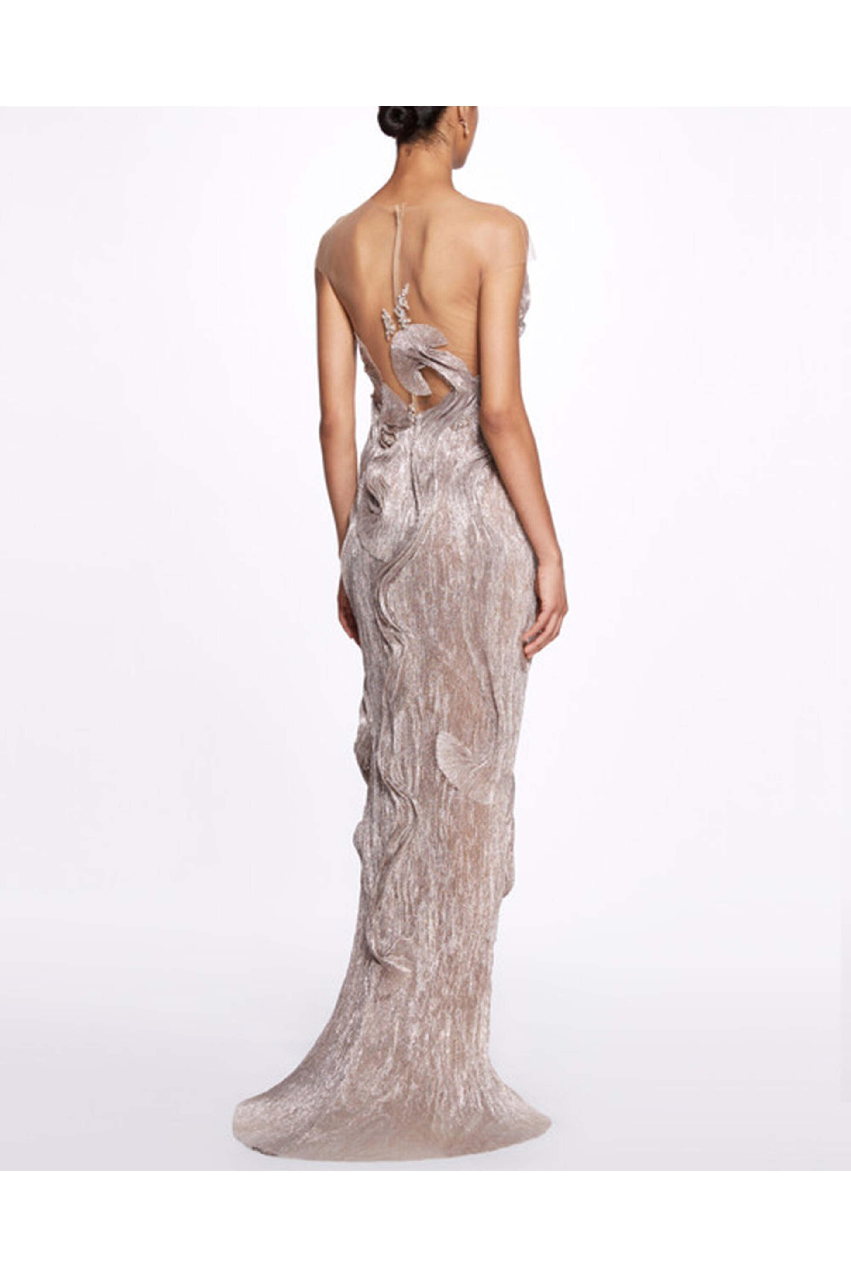 Marchesa - Silver Asymmetrical Micro Pleat Gown