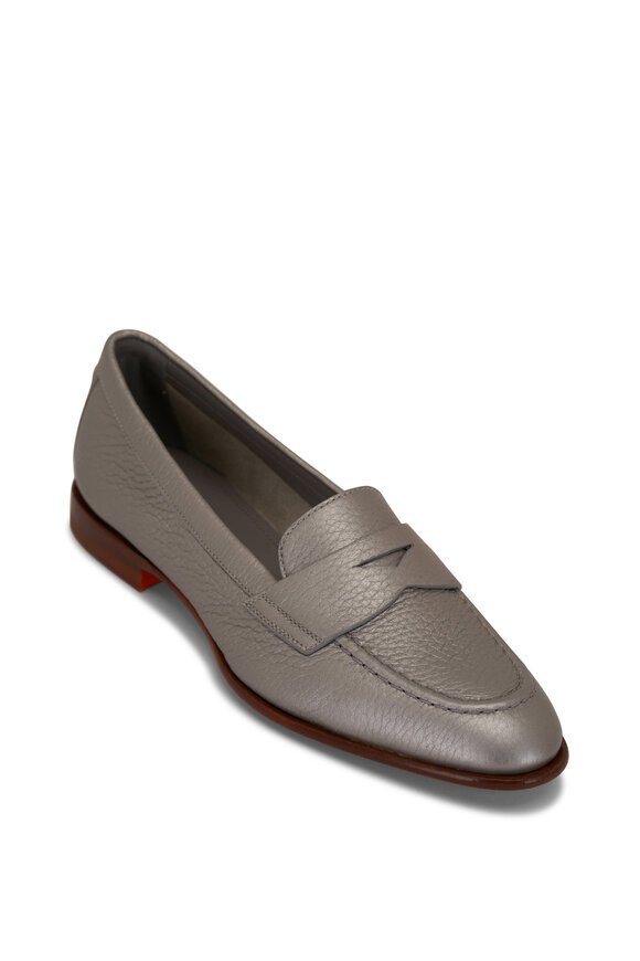 Santoni Famed Silver Metallic Brushed Leather Loafer 