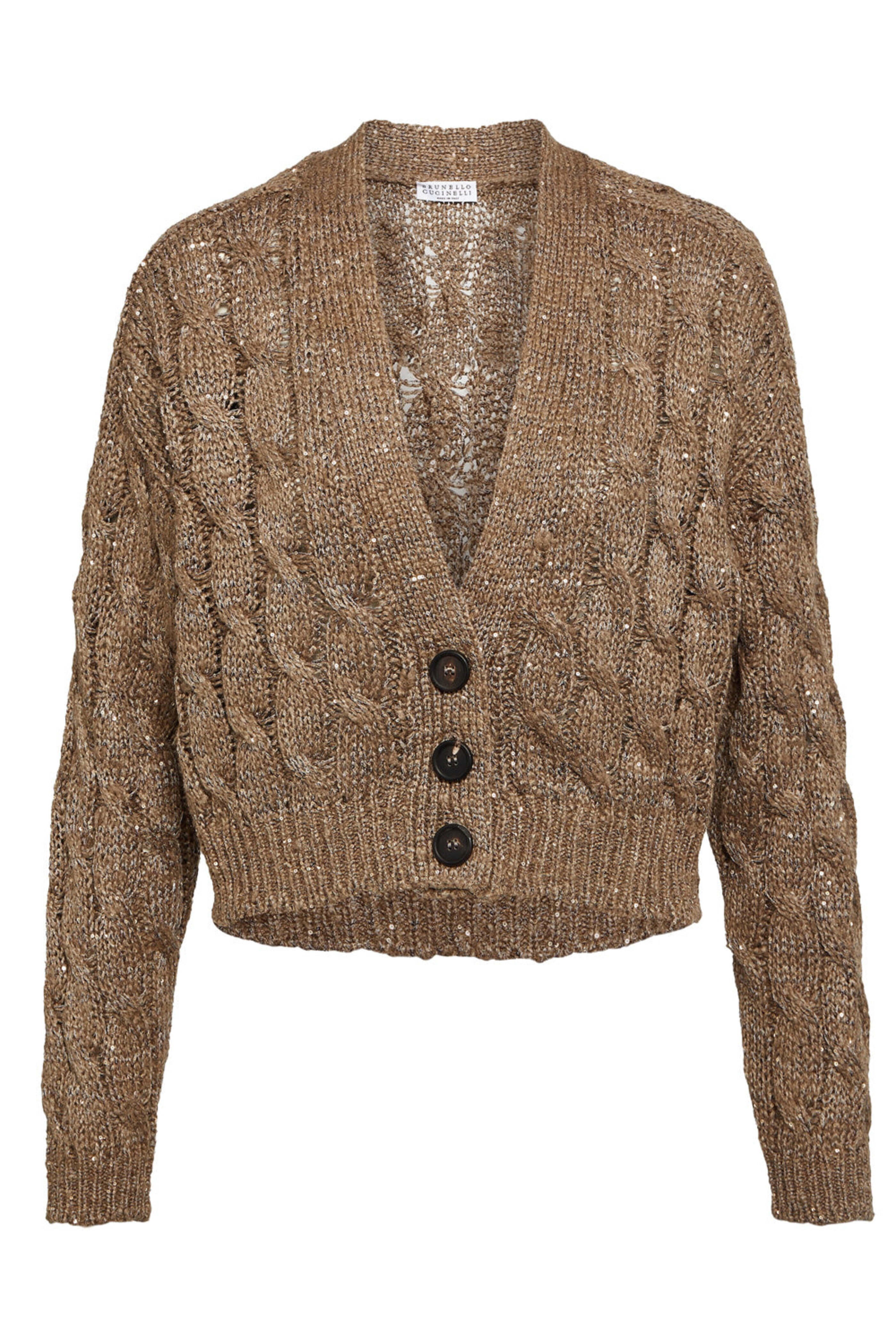 Brunello Cucinelli - Brown Linen Paillette Cable Knit Cardigan