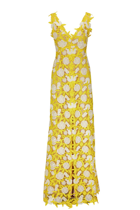 Lela Rose - Lemon Yellow Fruit Guipure Lace V-Neck Maxi Dress