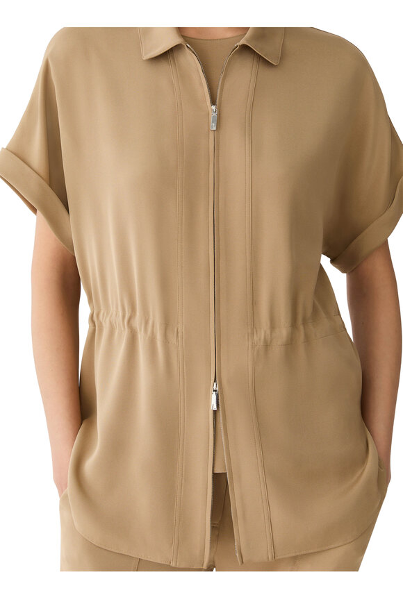 Lafayette 148 New York Khaki Stretch Silk Georgette Zip Front Blouse - view 4