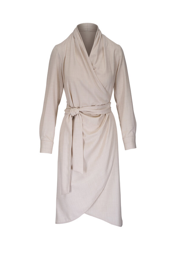 Kiton Oat Wool Long Sleeve Wrap Dress