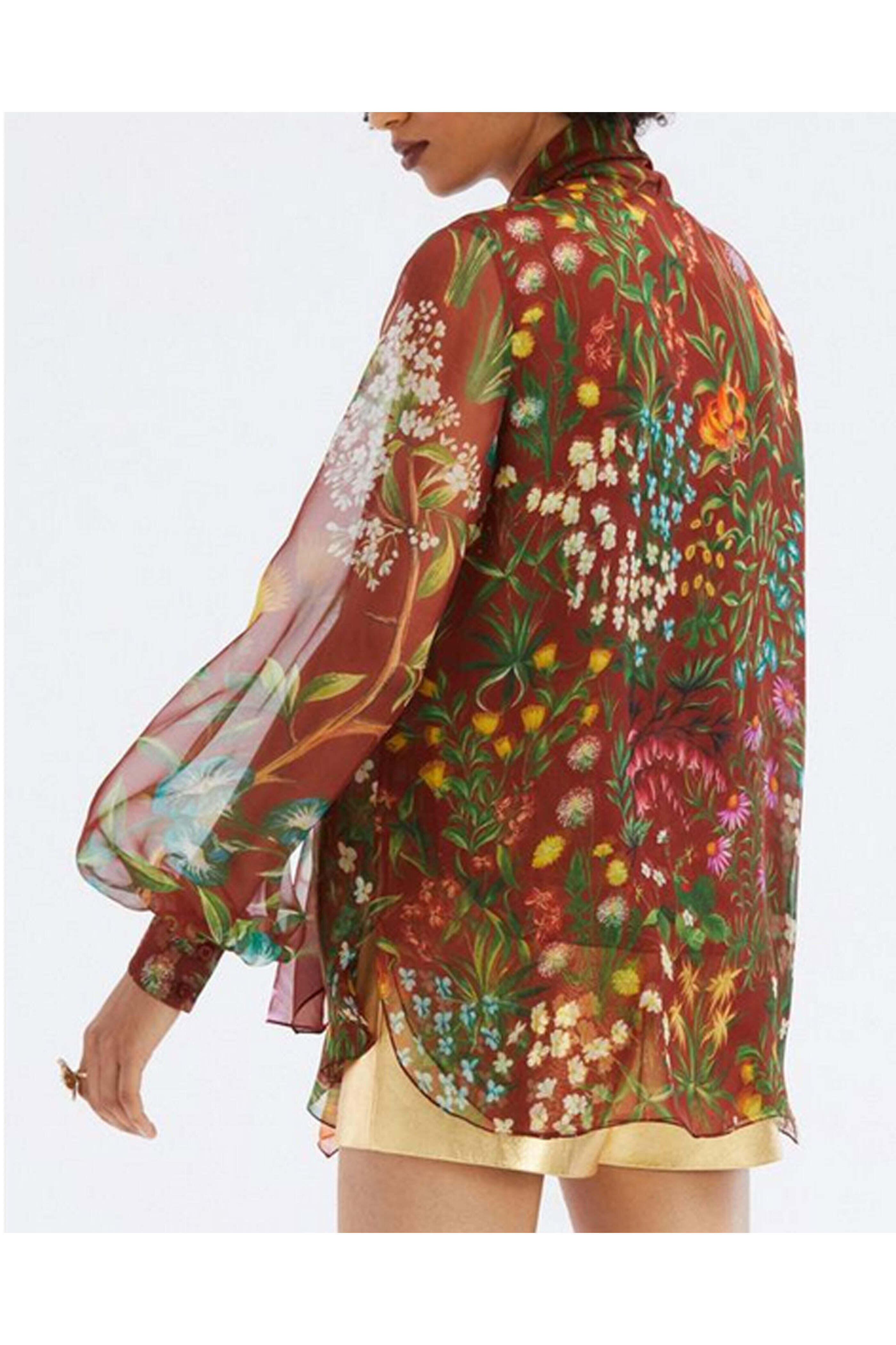 Oscar de la Renta - Rust Floral Tapestry Tie Neck Blouse