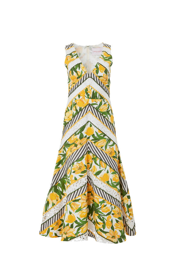 Carolina Herrera - Green & Yellow Embellished V-Neck Dress 