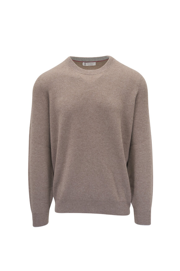 スウェット・トレーナー BRUNELLO CUCINELLI PULLOVER IN CASHMERE A COSTINE Brunello Cucinelli - Bark Brown Ribbed Cashmere Crewneck Sweater