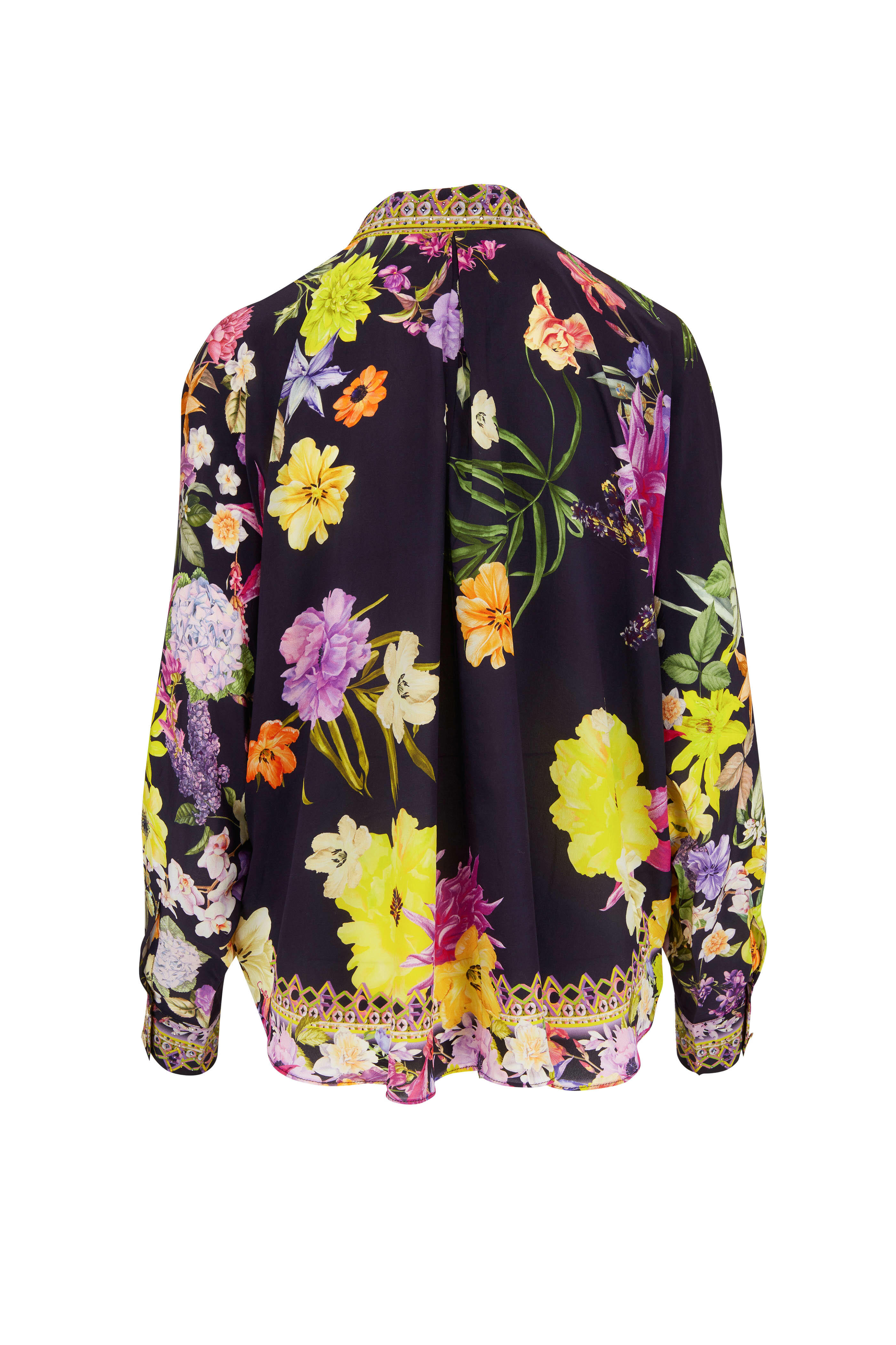 Camilla - Black Floral Crystal Embellished High-Low Blouse