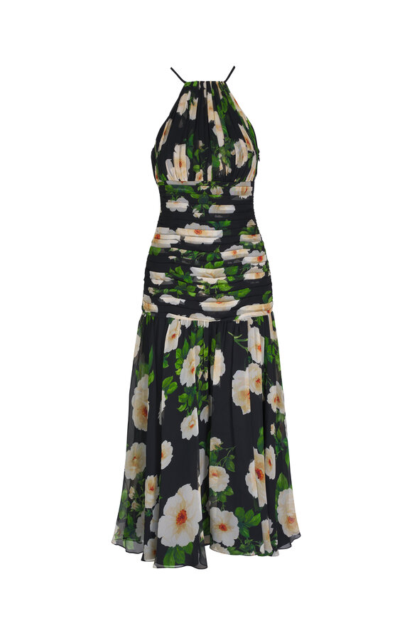 Carolina Herrera Black Multicolor Rose Print Chiffon Midi Dress