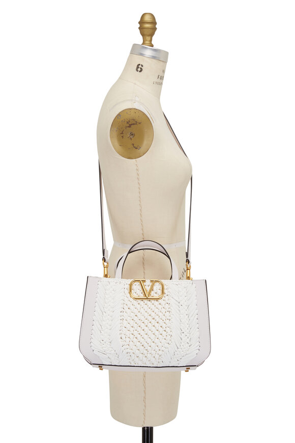 Valentino Garavani - White V-Logo Signature Raffia & Leather Handbag 