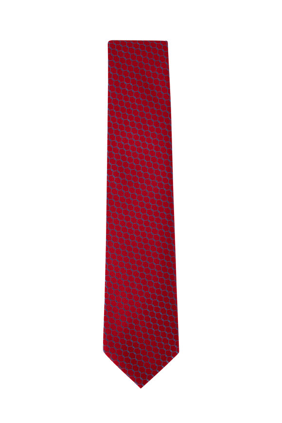 Charvet - Red & Blue Geometric Print Silk Necktie