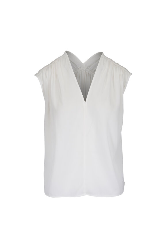 Vince Off White Stretch Silk Gathered Cap-Sleeve Blouse