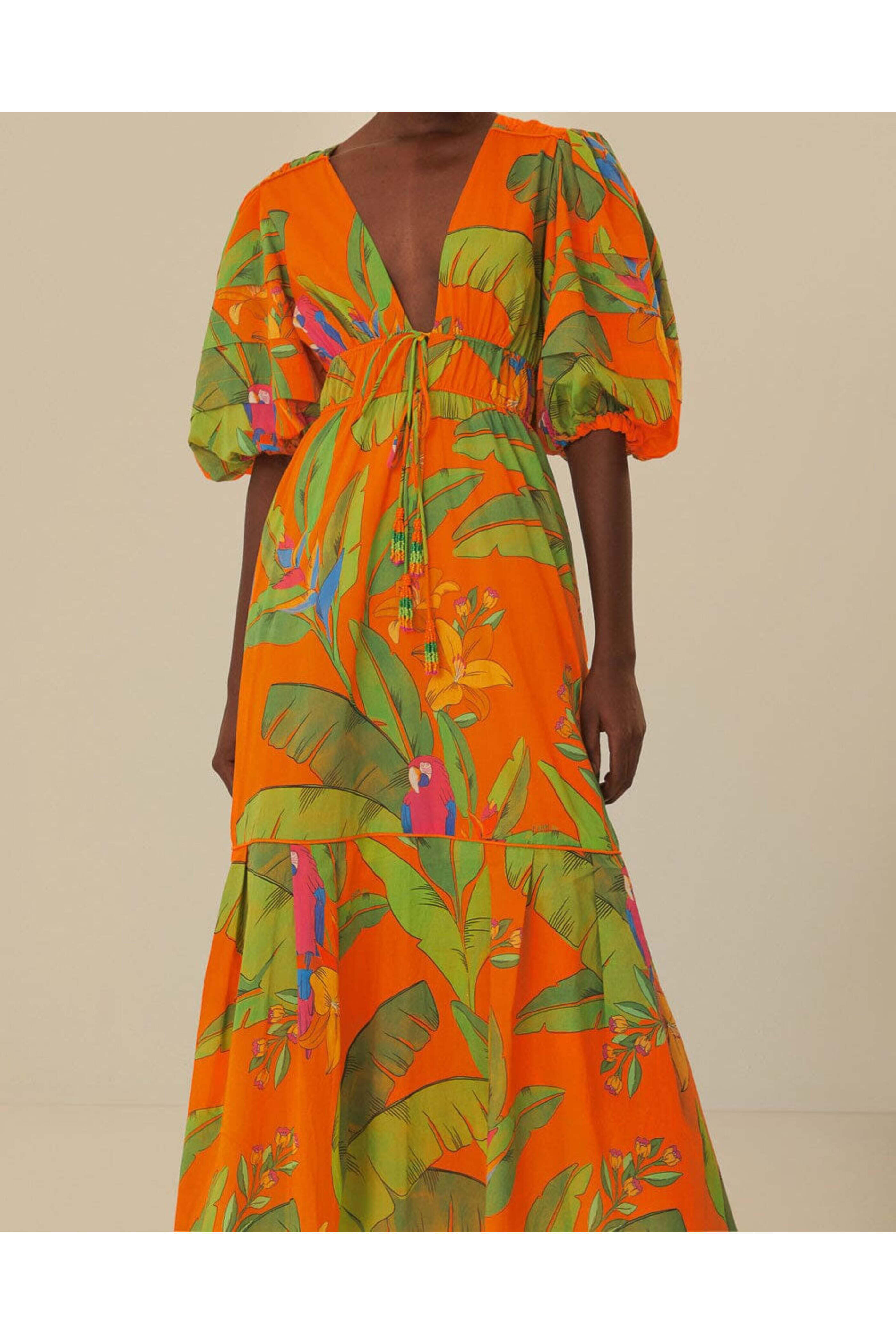 Farm Rio - Orange Fresh Macaws Midi Dress
