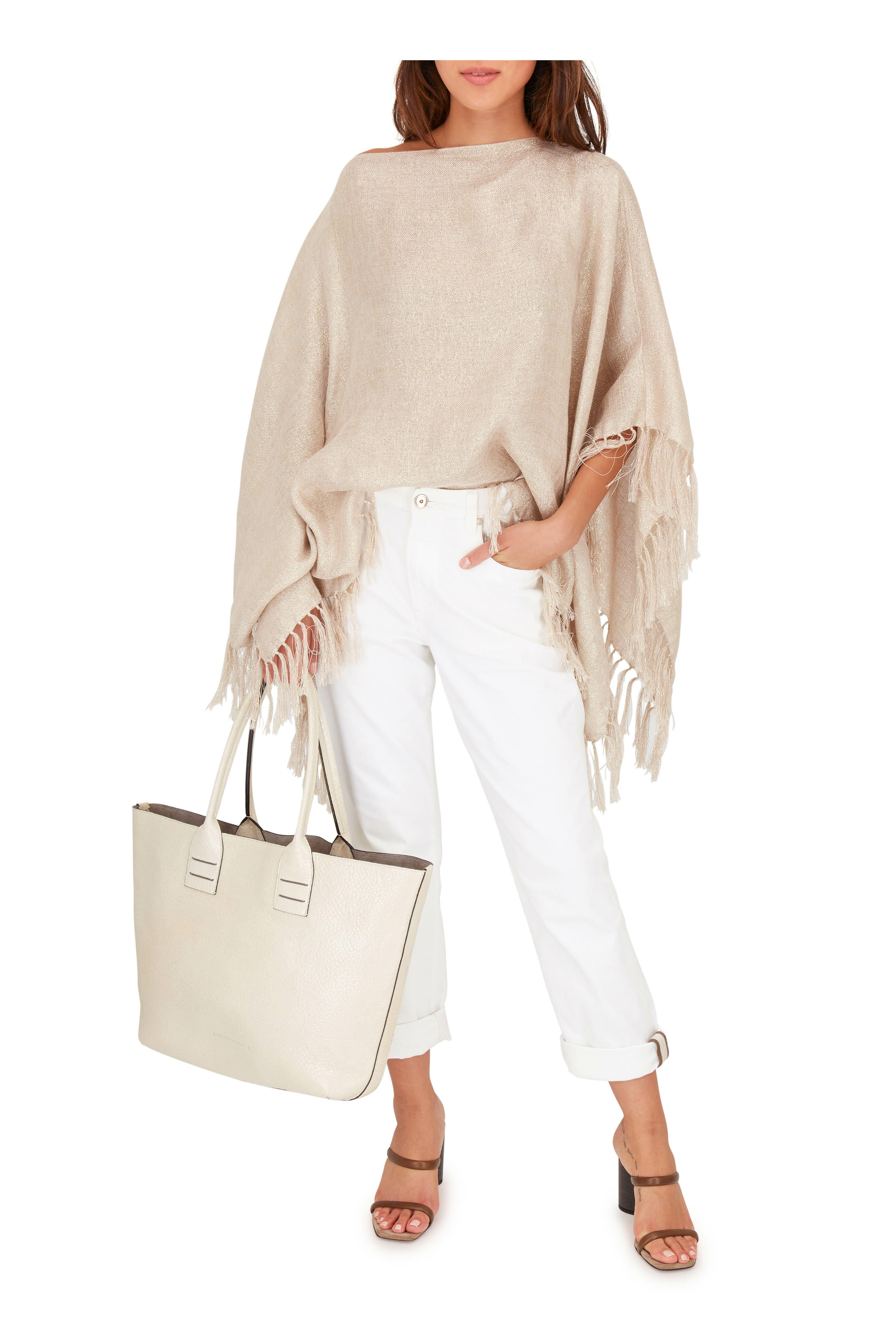Brunello Cucinelli - Exclusively Ours! Beige Lurex Fringed Trim Poncho
