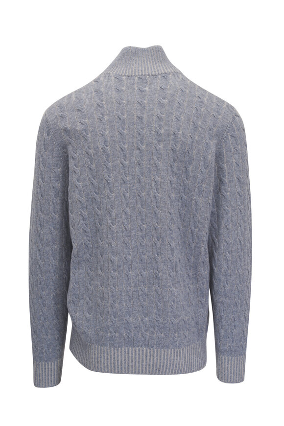 Brunello Cucinelli - Light Blue Cable Knit Quarter Zip Pullover 