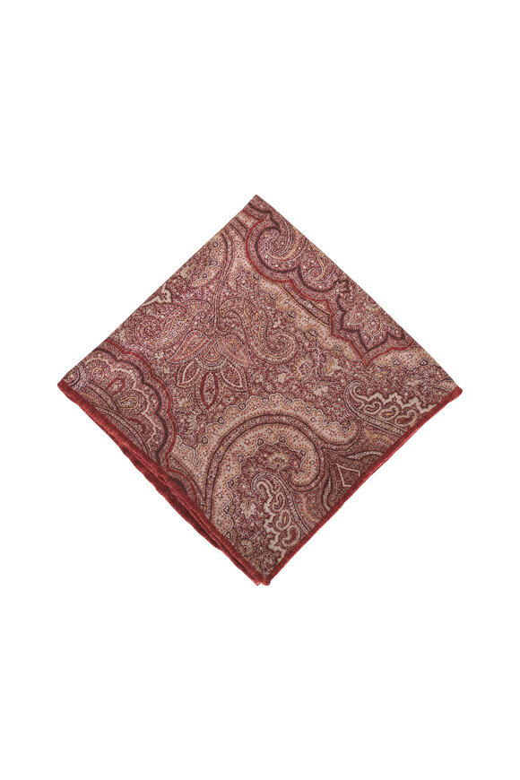 Brunello Cucinelli Red Paisley Print Silk Pocket Square