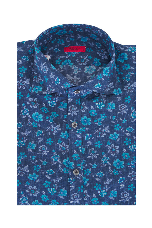 Isaia Blue Chambray Floral Print Cotton Sport Shirt