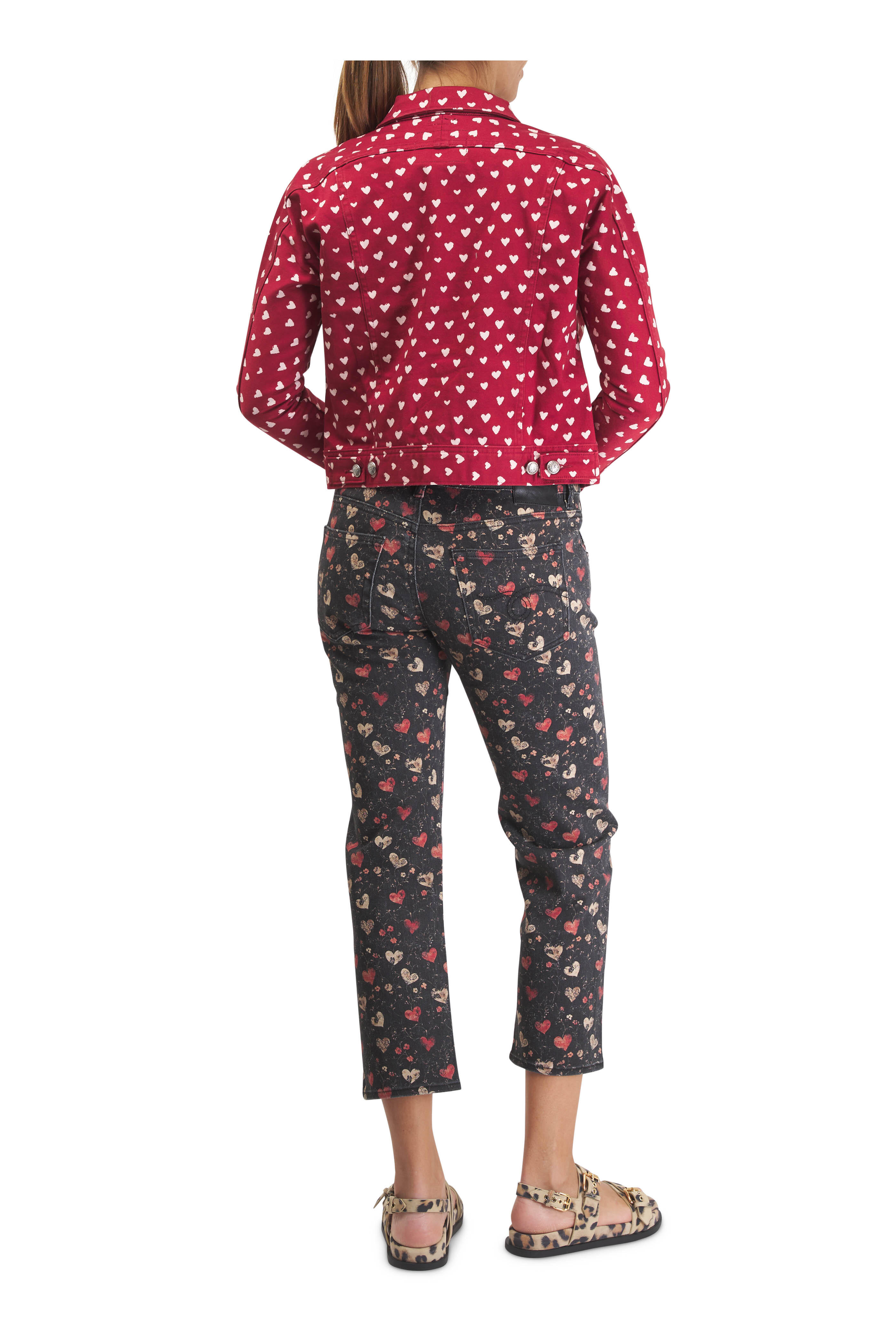 R13 - Red Scattered Hearts Skinny Trucker Jacket