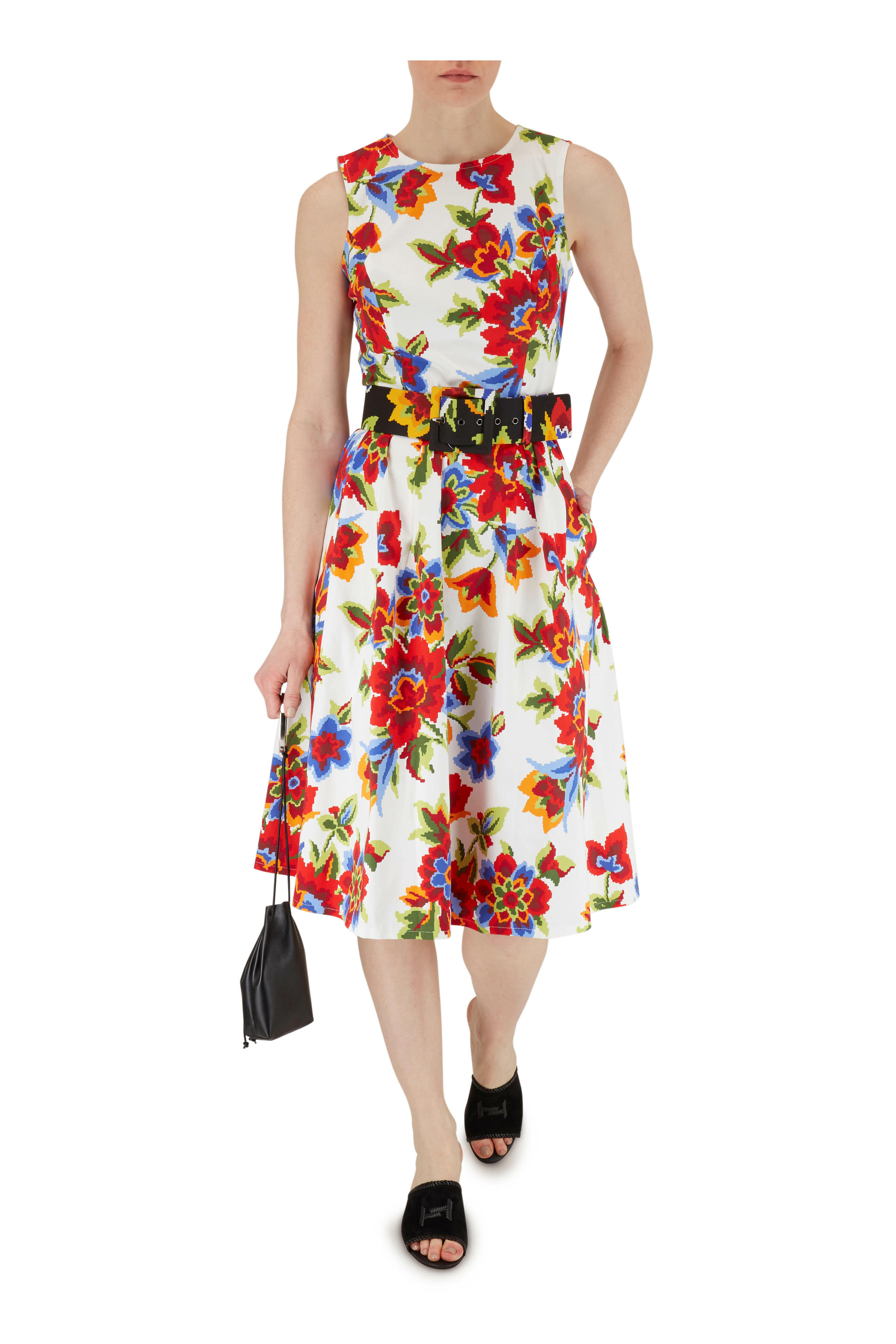 Carolina Herrera - White Multi Cotton Floral Print Sleeveless Dress