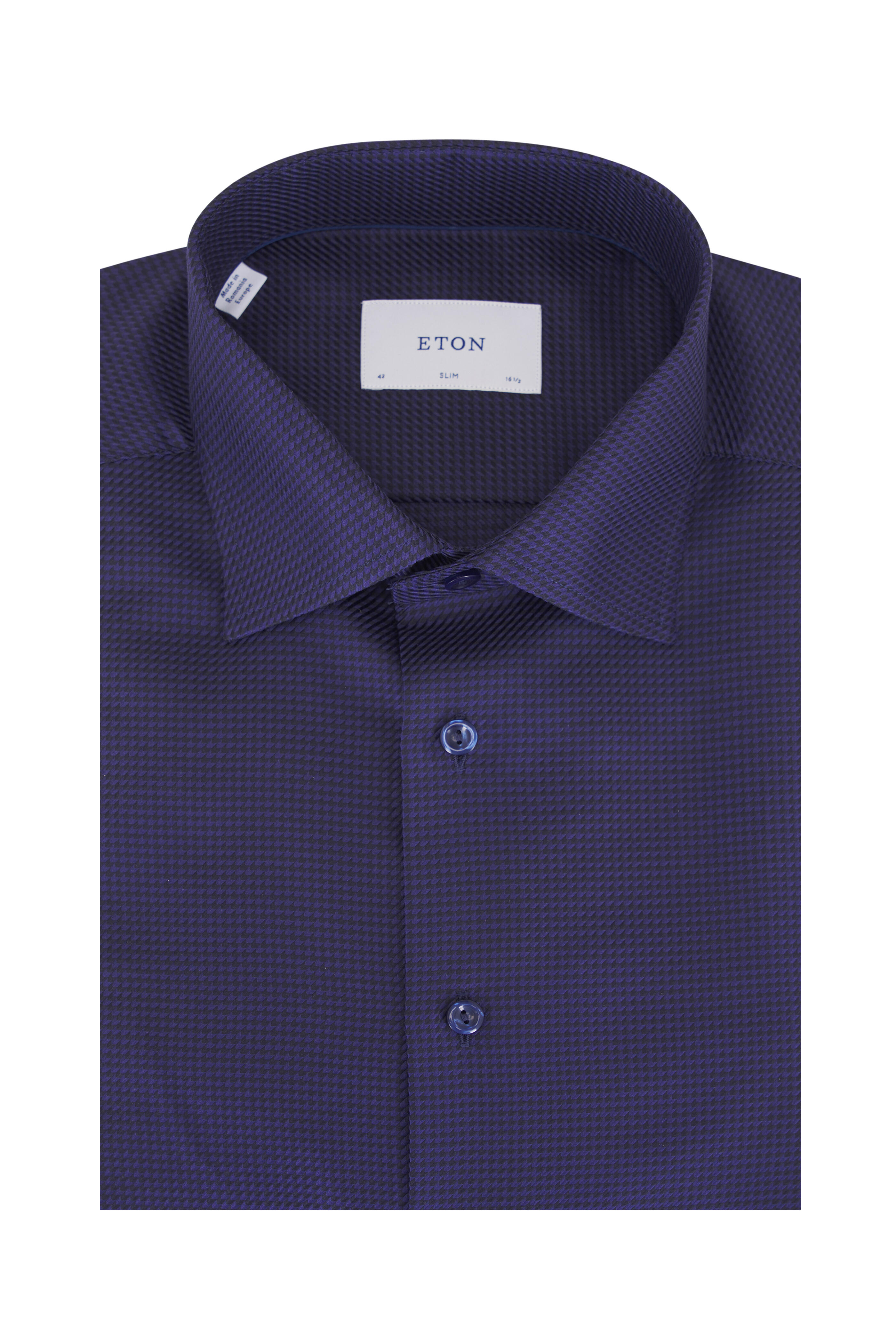 Eton - Navy Blue Houndstooth Print Dress Shirt