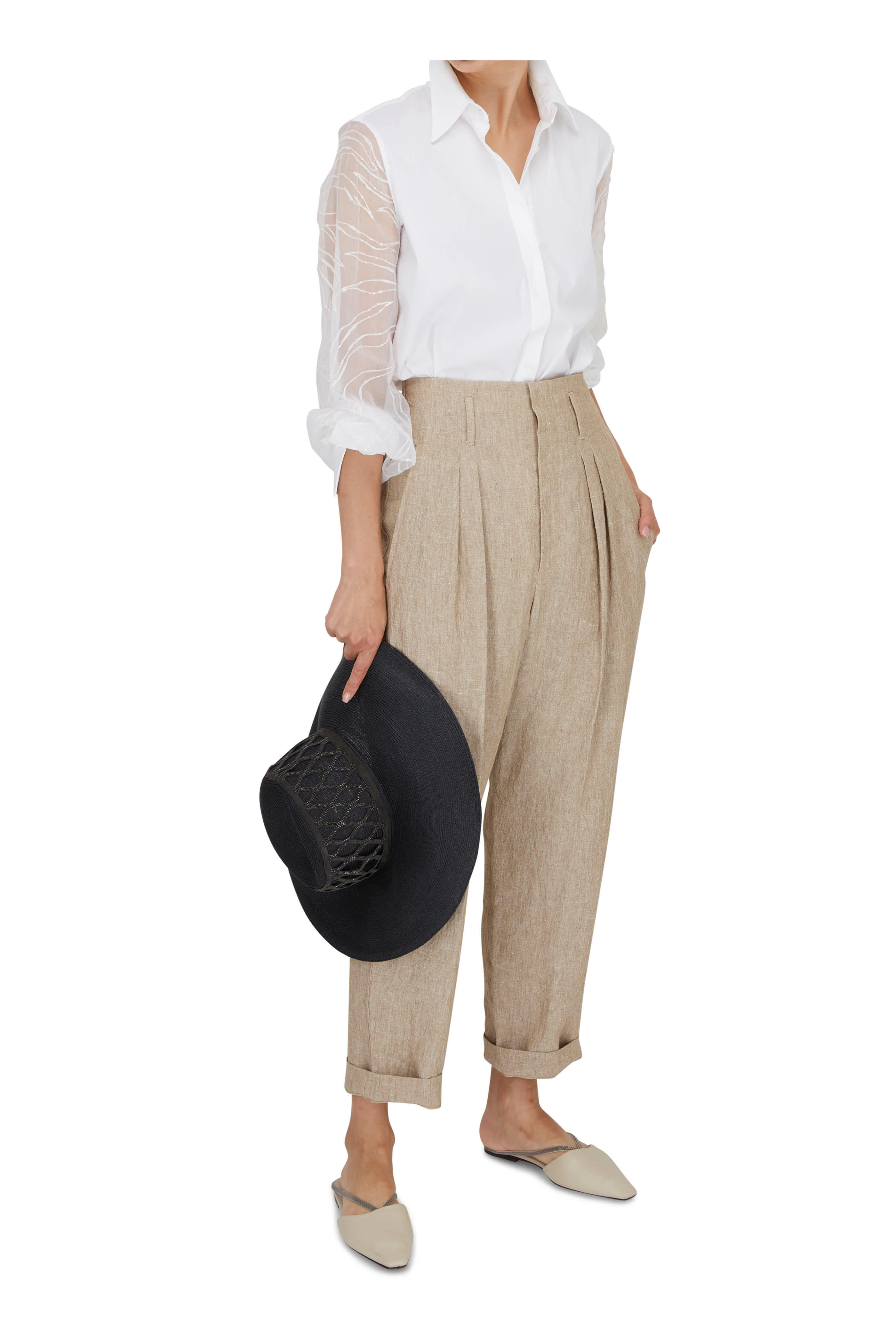 Brunello Cucinelli - White Sheer Sequin Sleeve Button Down