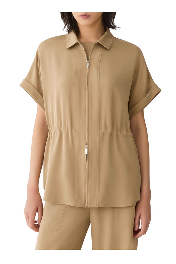 Lafayette 148 New York Khaki Stretch Silk Georgette Zip Front Blouse - view 2