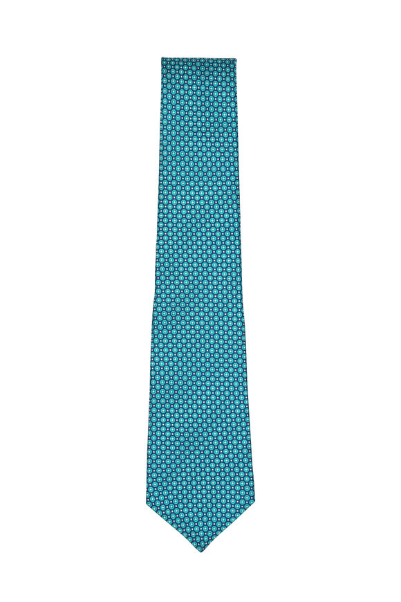 Kiton - Navy Blue & Green Geometric Silk Necktie 