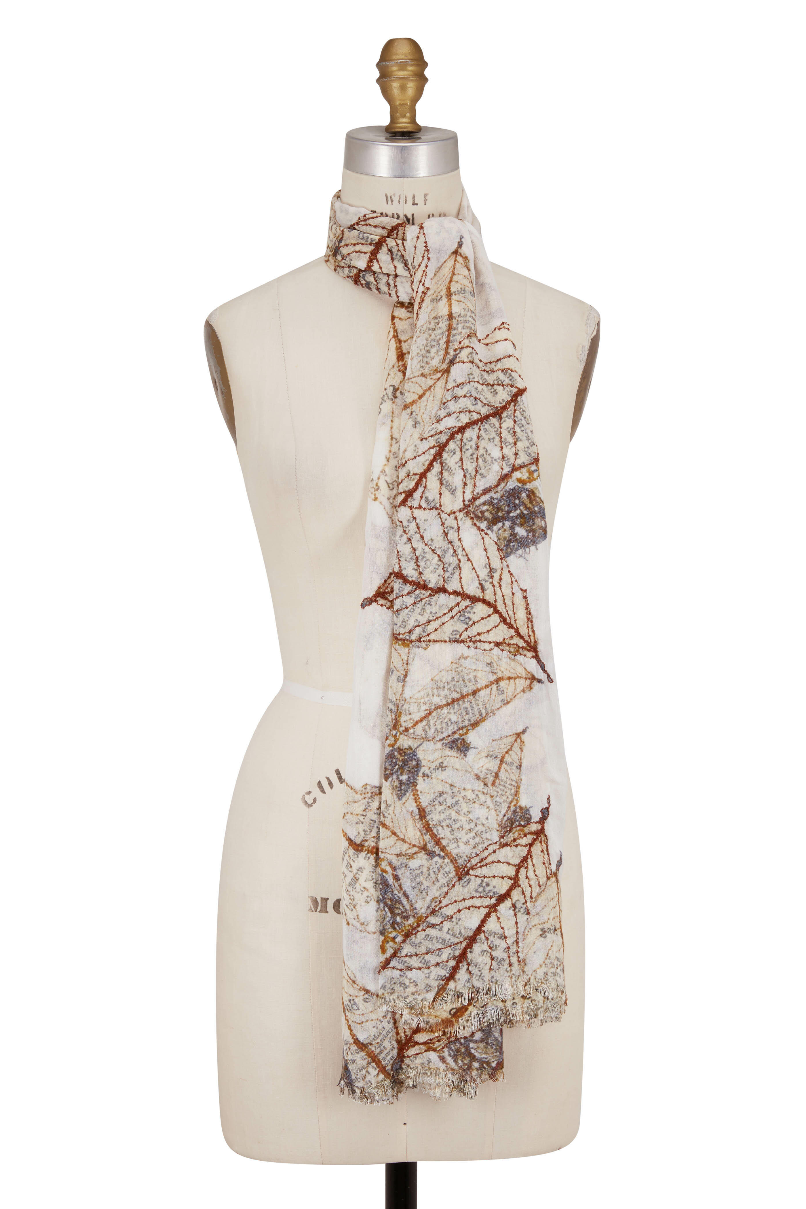 Faliero Sarti - Natural Ramage Embroidered Leaves Scarf