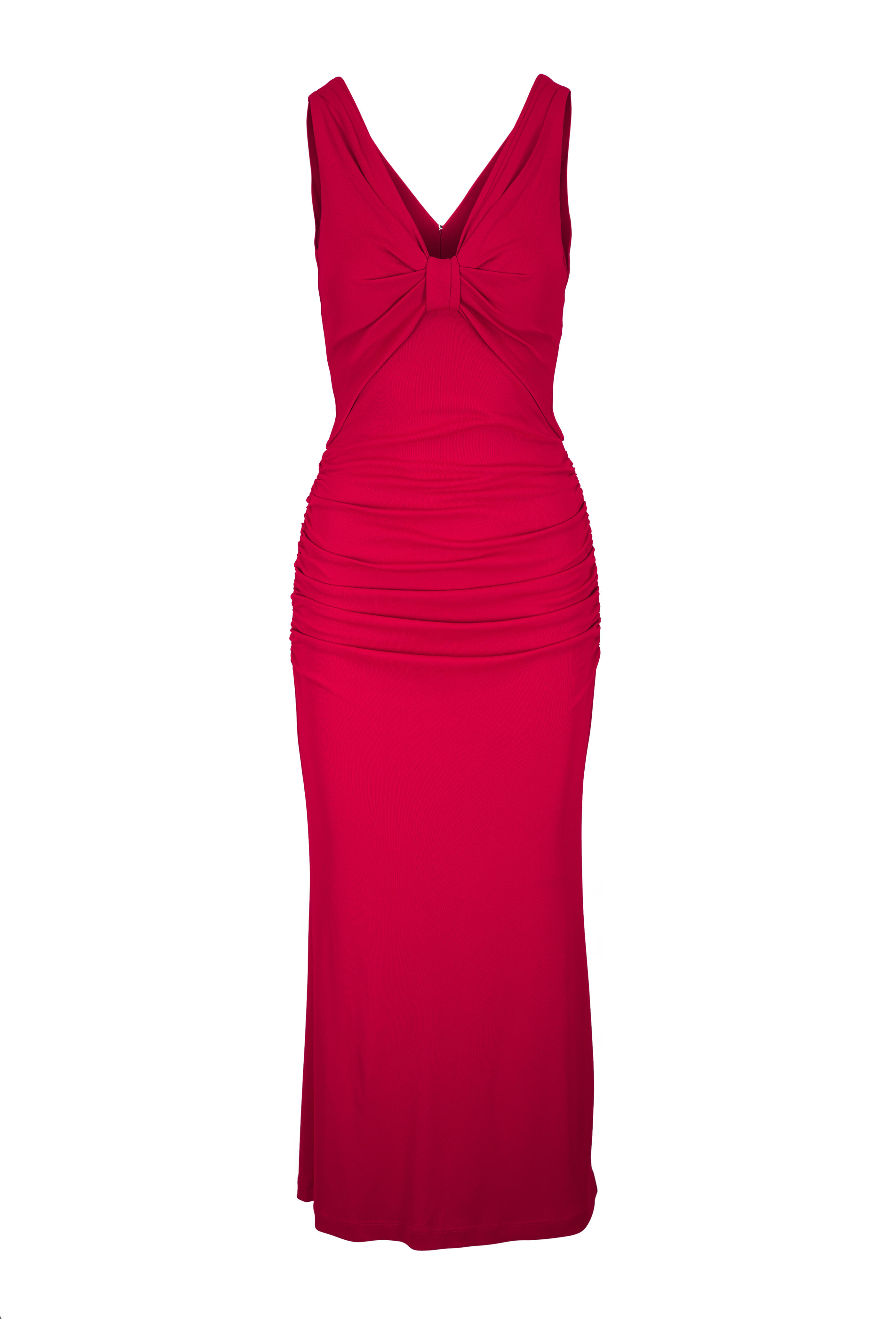 Carolina Herrera - Herrera Red V-Neck Ruched Column Dress