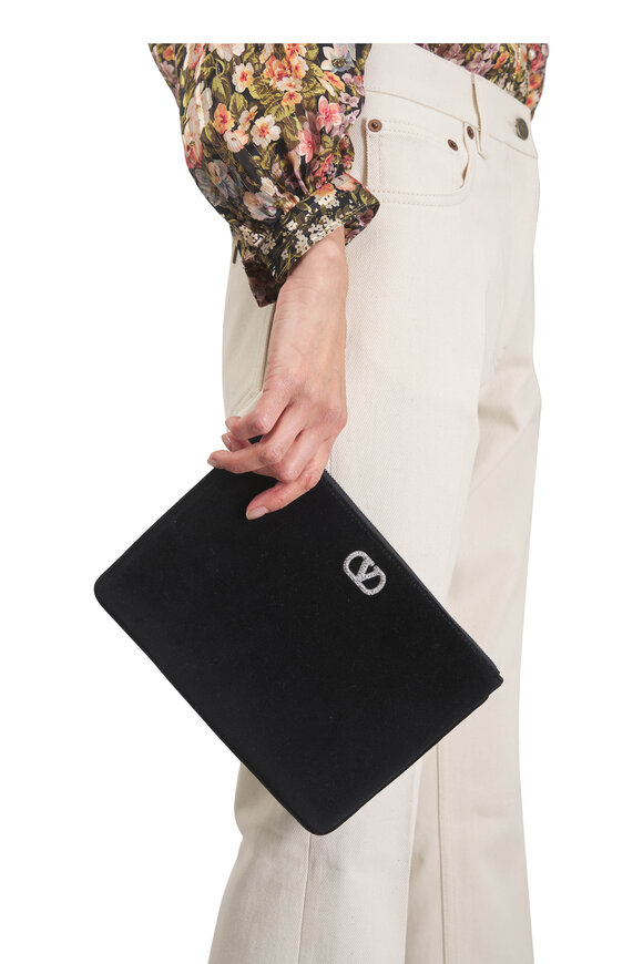 Valentino Garavani VLogo Black Velvet Crystal Pouch - view 2