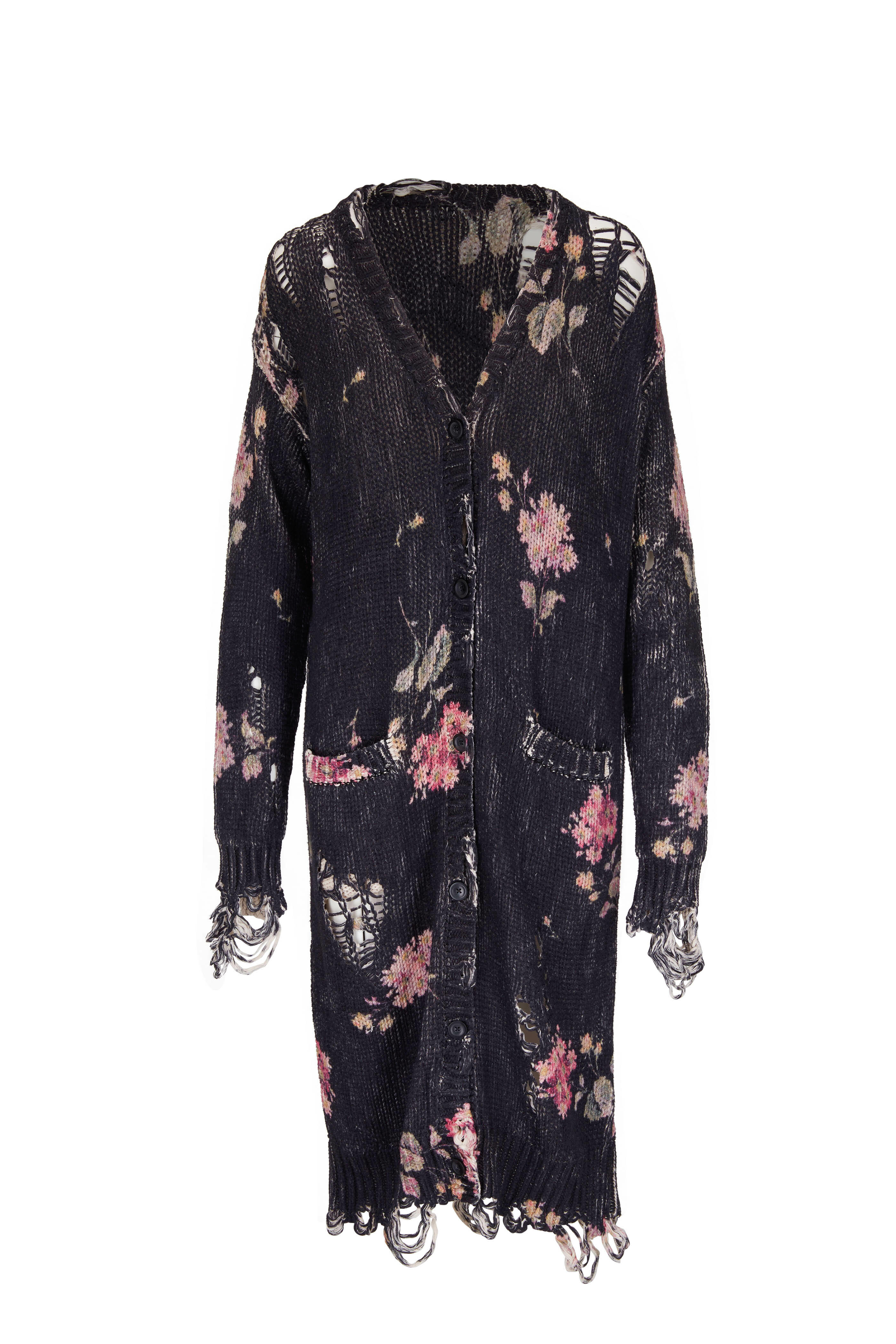 R13 - Black Floral Distressed Long Cardigan | Mitchell Stores