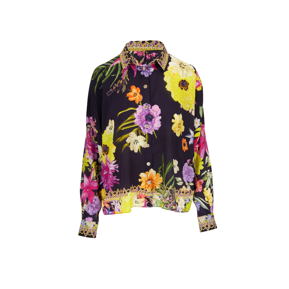 Camilla - Black Floral Crystal Embellished High-Low Blouse