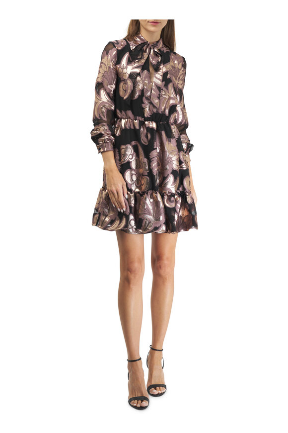 Etro - Black & Pink Metallic Print Tie Neck Dress