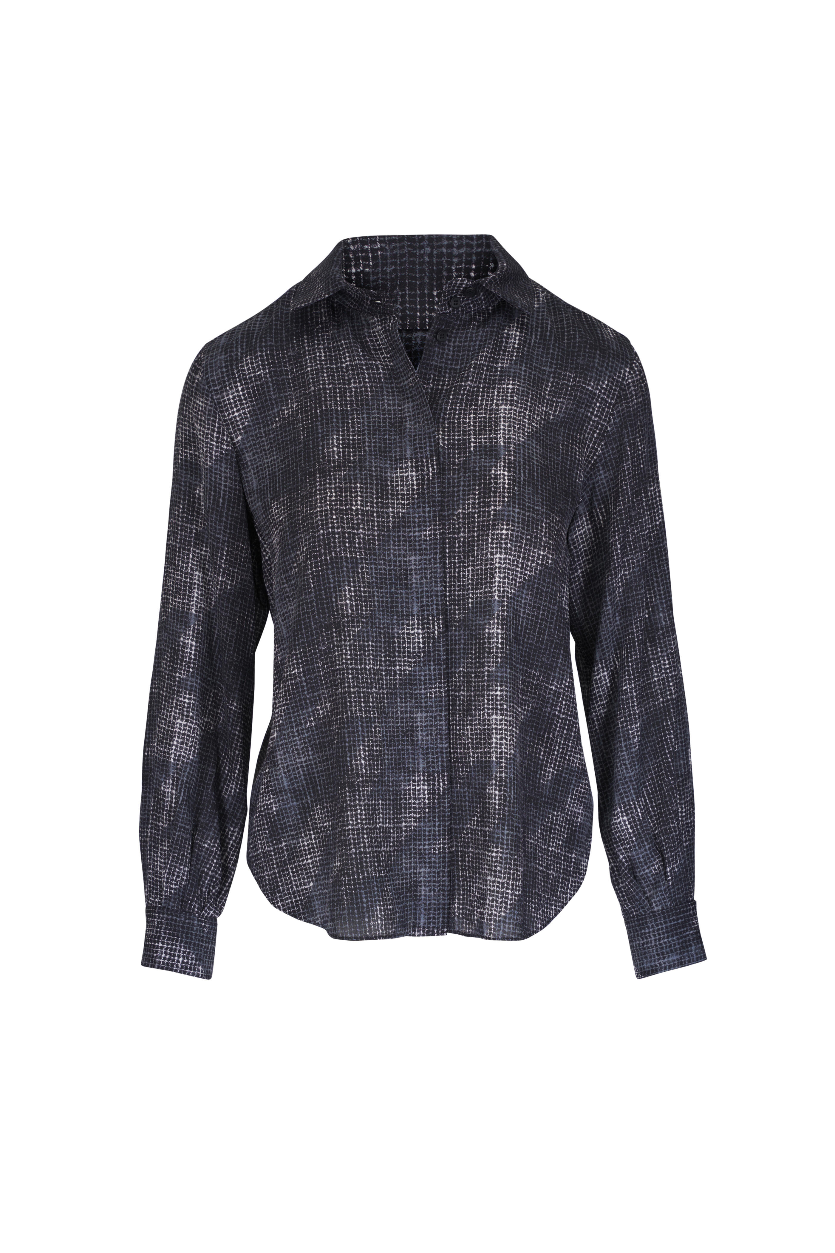 Lafayette 148 New York - Black Houndstooth Print Silk Chiffon Blouse