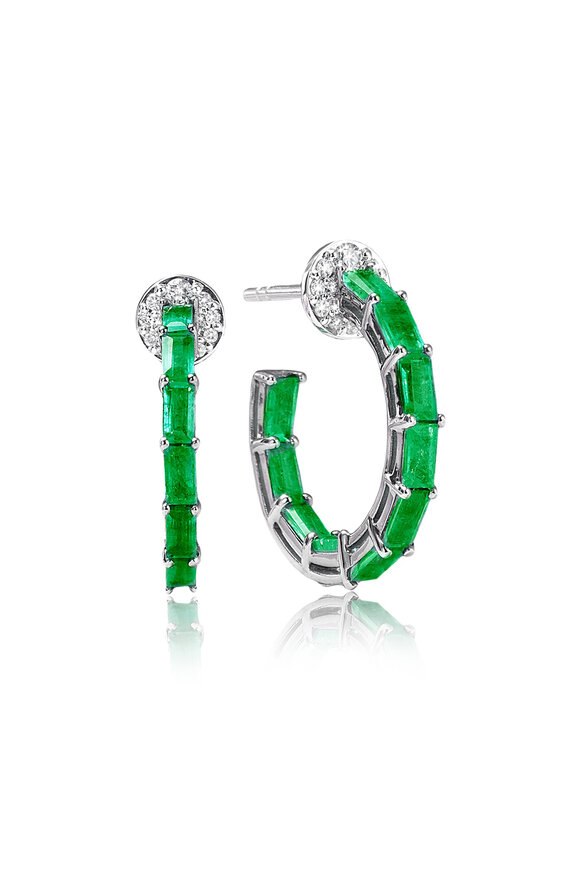 Nam Cho 18k White Gold Basic Baguette Emerald Hoops - view 1