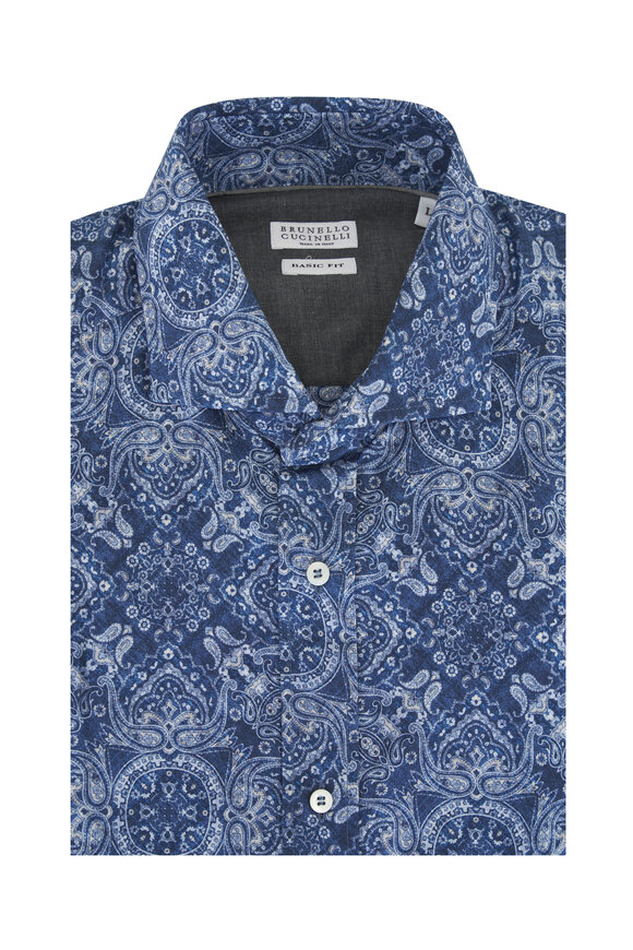 Brunello Cucinelli Blue Paisley Cotton Sport Shirt