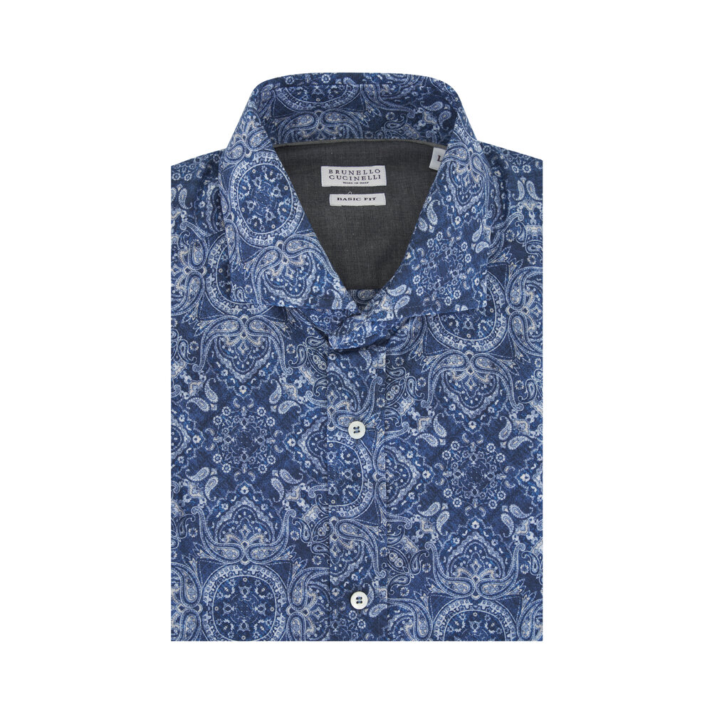 24AW new /BRUNELLO CUCINELLI フレンチカラーシャツ Shirt Blue Brunello Cucinelli - Blue Paisley Cotton Sport Shirt