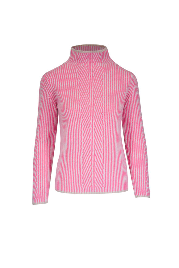 Kinross Coral Multi Cashmere Plaited Funnel Neck Sweater
