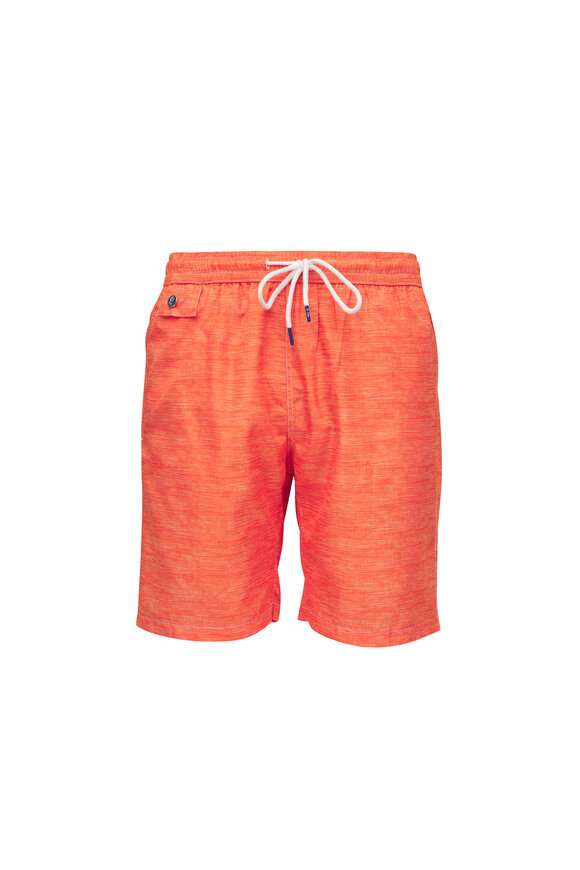Tiki Orange Linen Print Swim Trunks