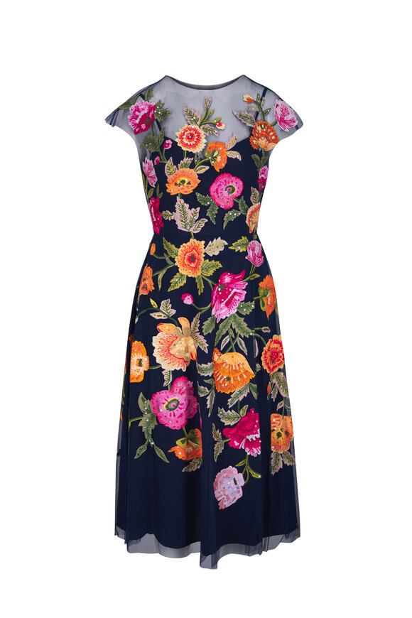 Carolina Herrera Midnight Multi Floral Embroidered Tulle Midi Dress