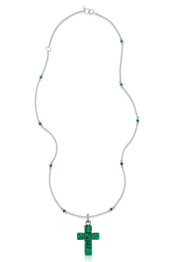Nam Cho 18k White Gold Emerald Cross Pendant Necklace