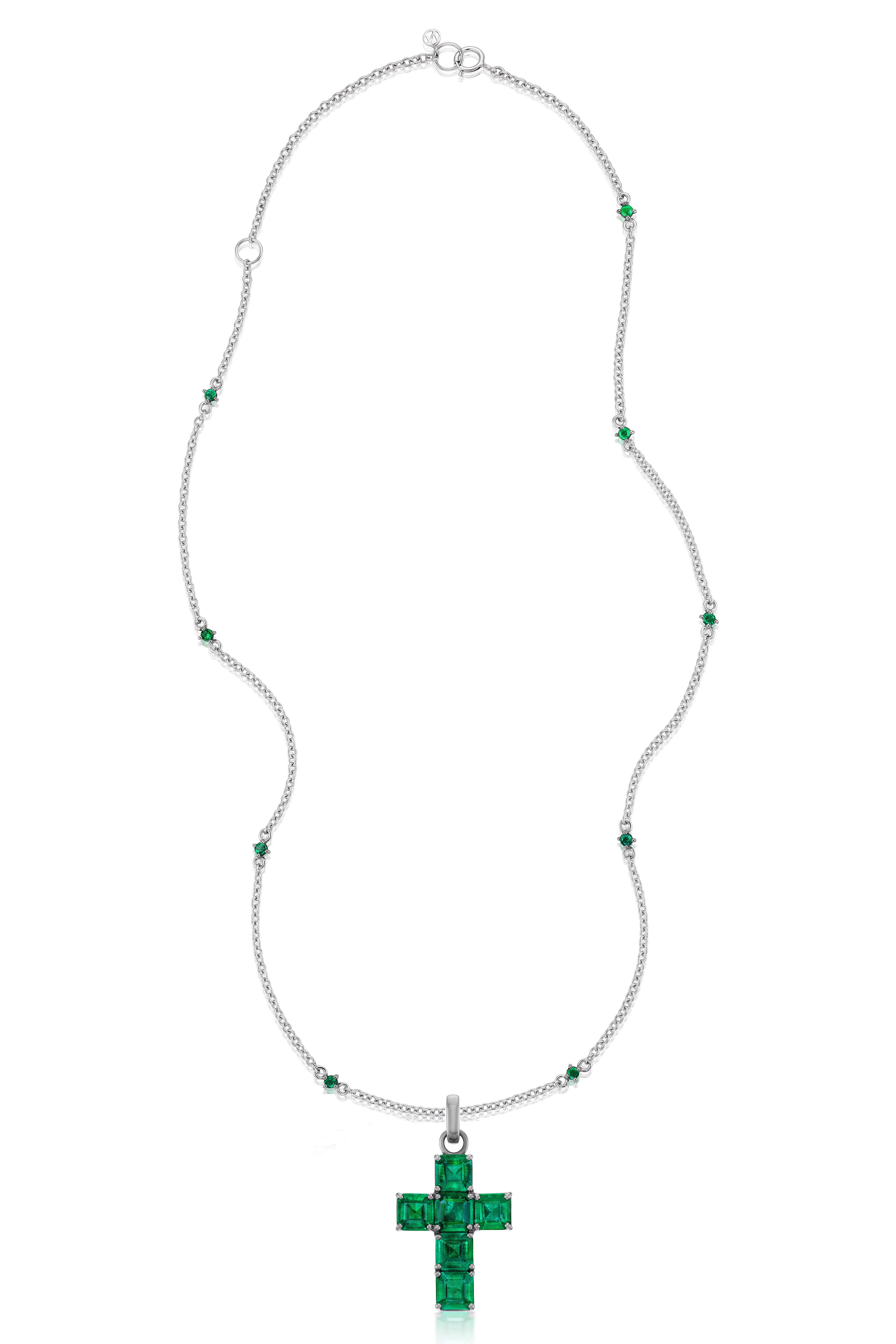 Nam Cho - 18k White Gold Emerald Cross Pendant Necklace